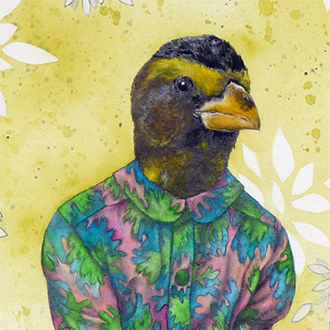 Pencil and watercolor drawing of a grosbeak posed as a person